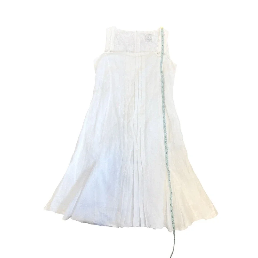 Yuvita White Linen Sleeveless Pleated Short Midi Dress Flowy Coastal Summer 6 - Picture 7 of 7